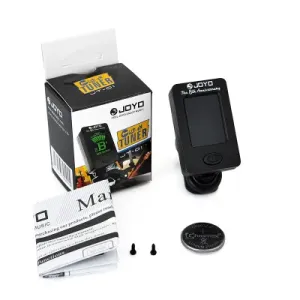 clip-on chromatic digital tuner with LCD display for guitar, bass, ukulele, violin, and other string instruments.